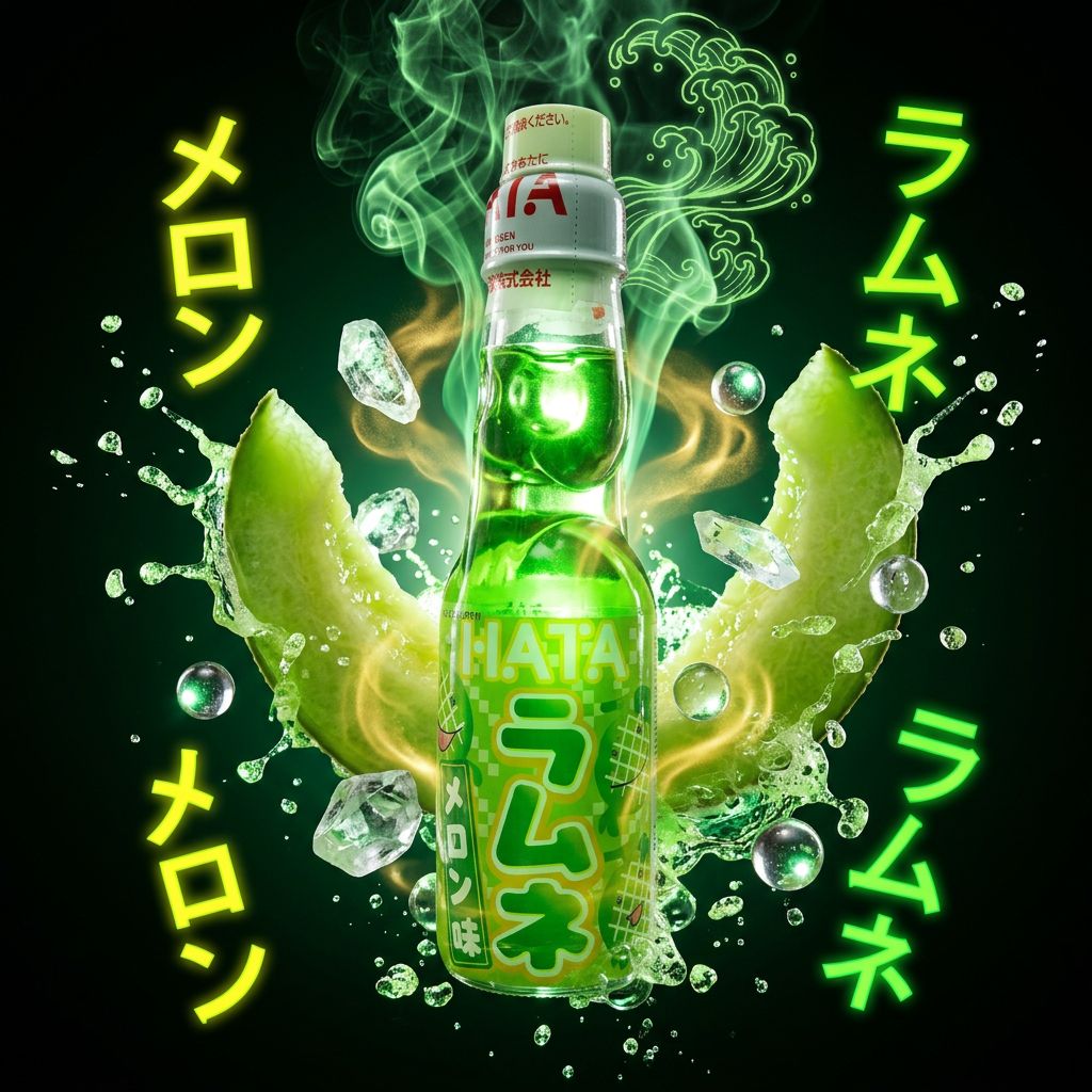 Ramune Hatakosen Soda Melon, bouteille en verre japonaise avec bille, saveur melon, disponible sur My American Shop