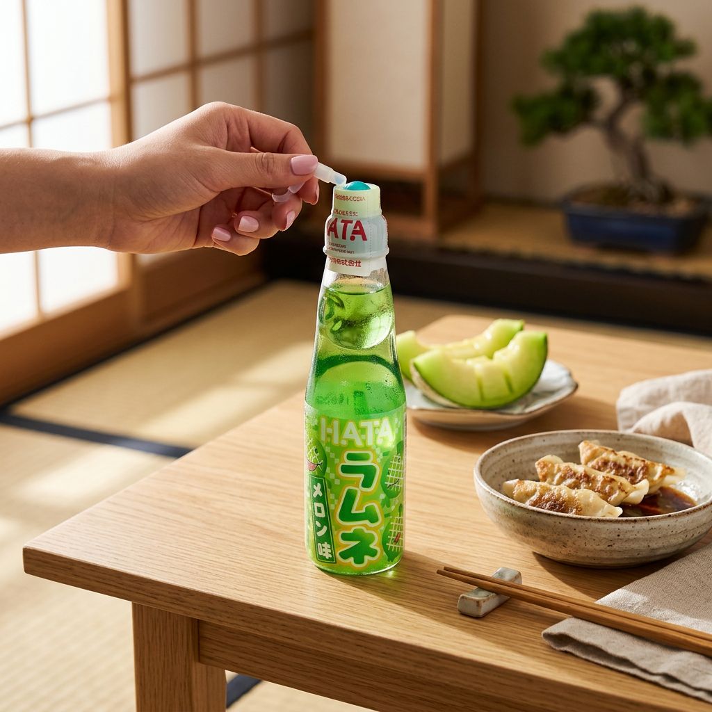 Ramune Hatakosen Soda Melon, bouteille en verre japonaise avec bille, saveur melon, disponible sur My American Shop