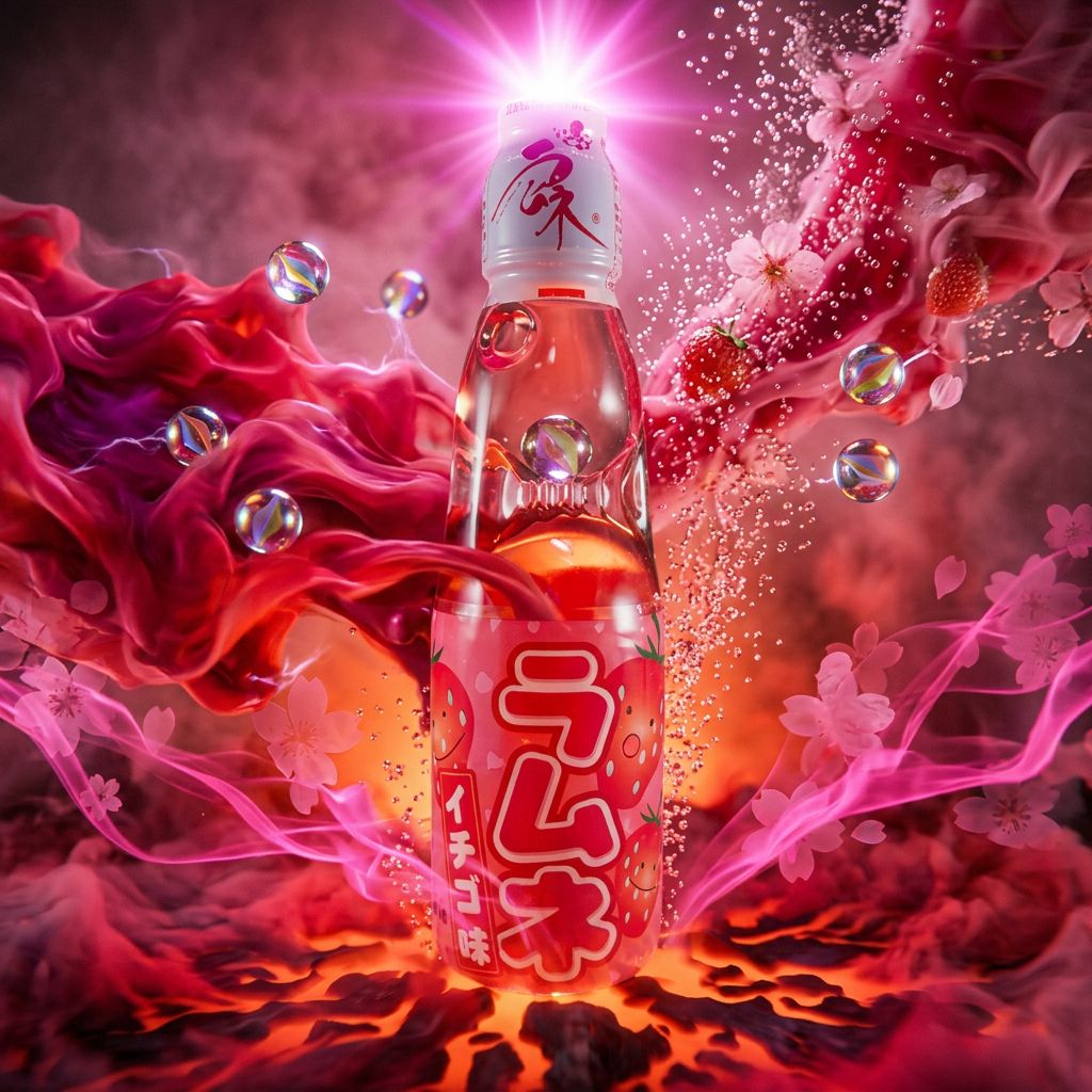 Ramune Hatakosen Strawberry, soda japonais en bouteille verre Codd-neck saveur fraise, disponible sur My American Shop