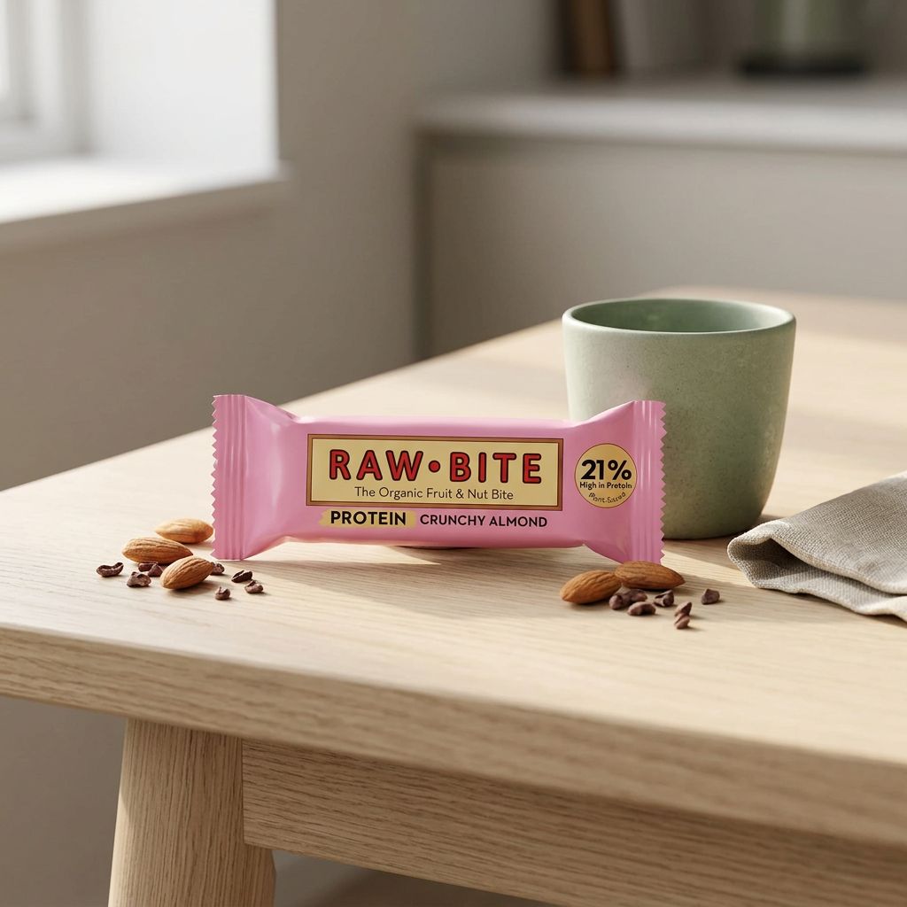 Rawbite Organic Protein Crunchy Almond, barre protéinée bio scandinave aux amandes, disponible sur My American Shop