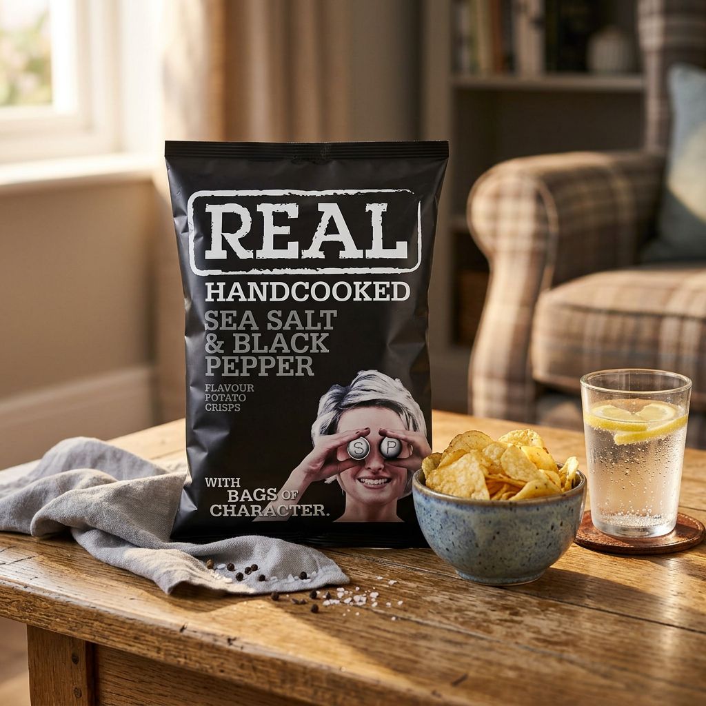 Chips Real Crisp Sea Salt & Black Pepper, sel marin et poivre noir, snack premium britannique, disponible sur My American Shop