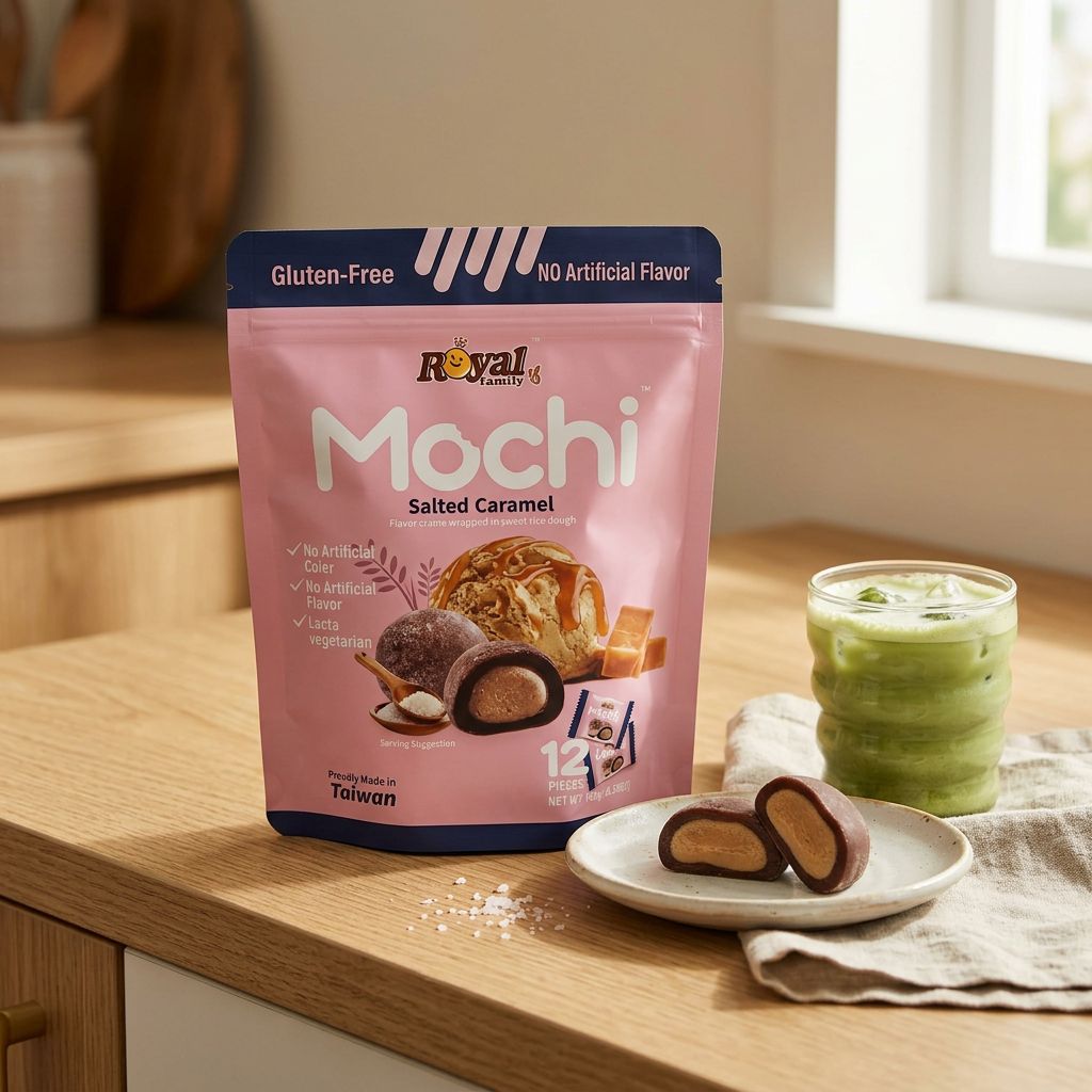 Royal Family Mochi Salted Caramel, pâtisserie japonaise riz gluant caramel salé origine Taiwan, disponible sur My American Shop