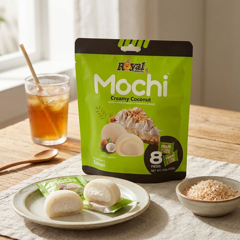 Royal Family Mochi Creamy Coconut Small, bouchées riz gluant fourrage coco, format individuel, origine Taiwan, disponible sur My American Shop