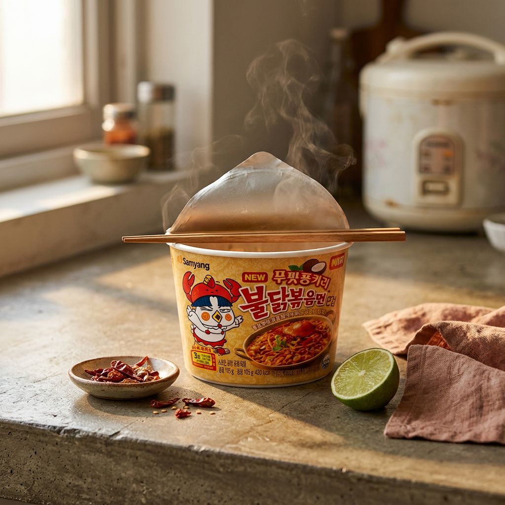 Samyang Buldak Poo Pat Pong Curry Ramen Cup, fusion coréo-thaï épicé, importé Corée du Sud, disponible sur My American Shop