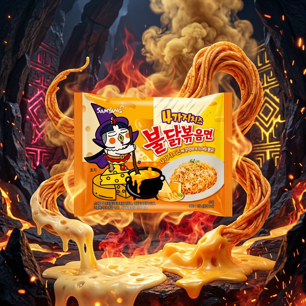 Samyang Ramen 4 Flavors Cheese Fire Chicken, nouilles épicées coréennes mozzarella-habanero, disponible sur My American Shop
