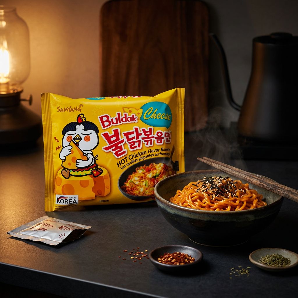 Samyang Ramen Hot Chicken Cheese, nouilles instantanées coréennes épicées au fromage, disponible sur My American Shop