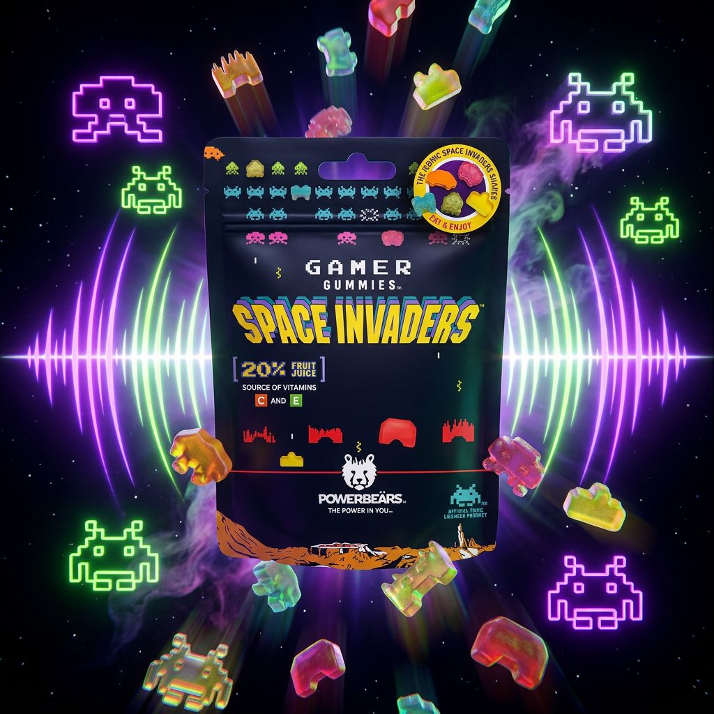 Space Invaders Gummies Powerbears, bonbons fruités pixel art rétro gaming, disponible sur My American Shop