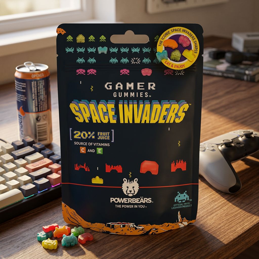 Space Invaders Gummies Powerbears, bonbons fruités pixel art rétro gaming, disponible sur My American Shop