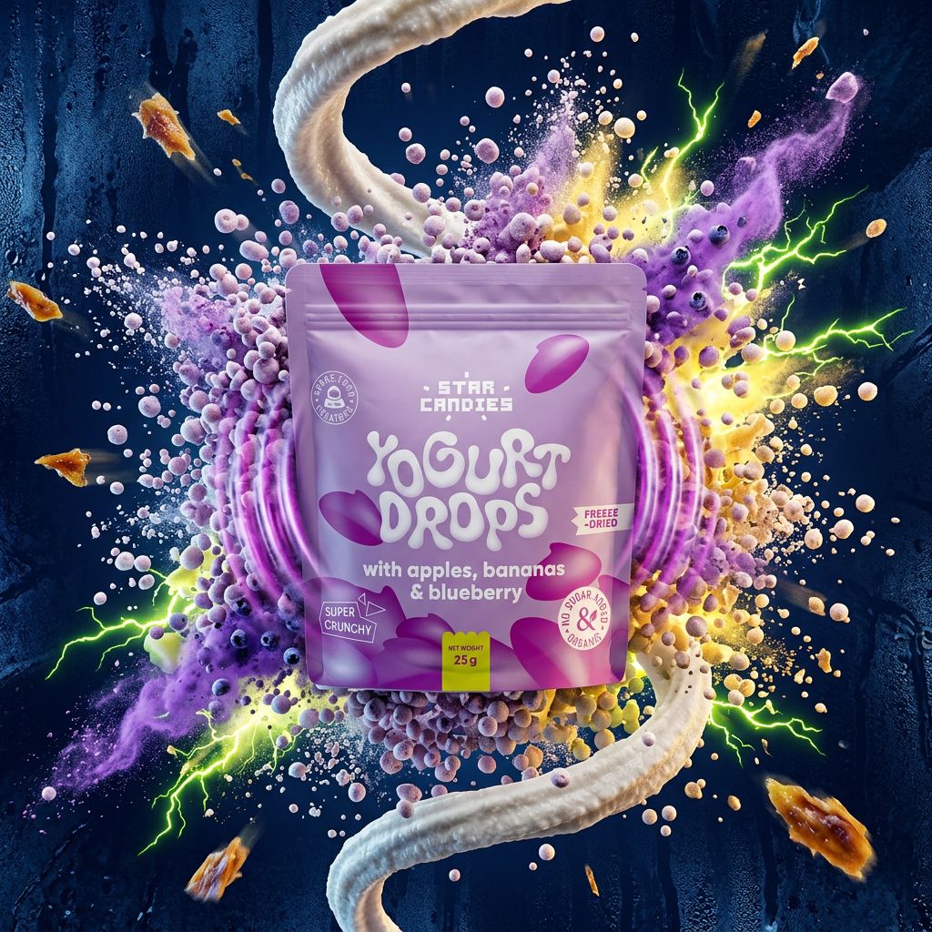 Star Candies Yogurt Drops lyophilisés pomme banane myrtille bio, snack américain importé, disponible sur My American Shop