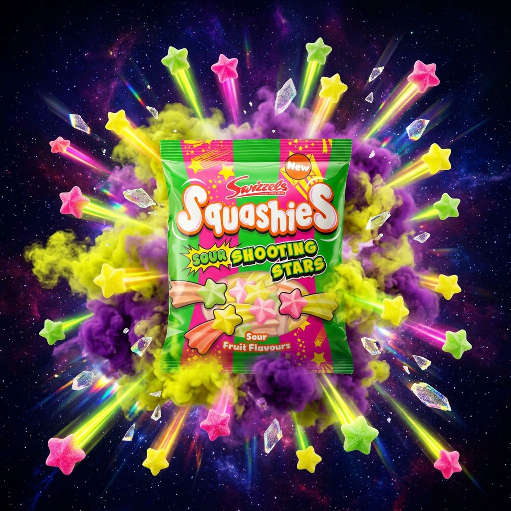Swizzels Squashies Sour Fruit Shooting Stars, bonbons gélifiés acidulés britanniques en étoiles, disponible sur My American Shop