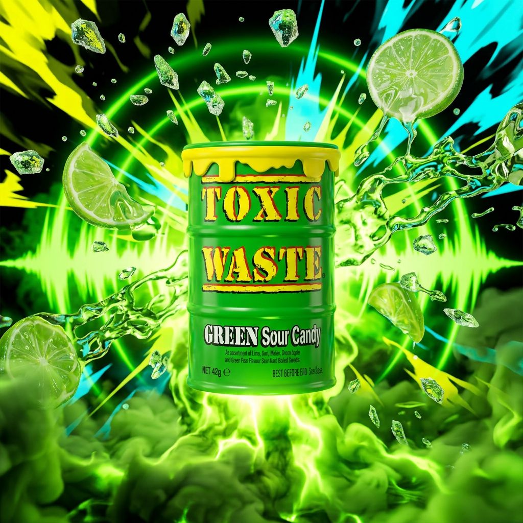 Toxic Waste Green Sour Candy Drum, bonbons acides durs arôme fruité vert, format drum collector USA, disponible sur My American Shop