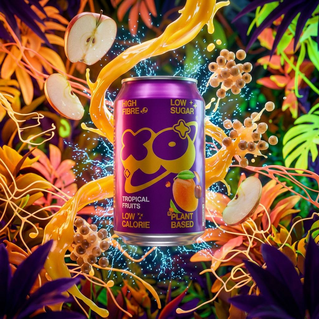 XOXO Soda Tropical canette 330ml, soda prébiotique américain saveur mangue pomme, disponible sur My American Shop