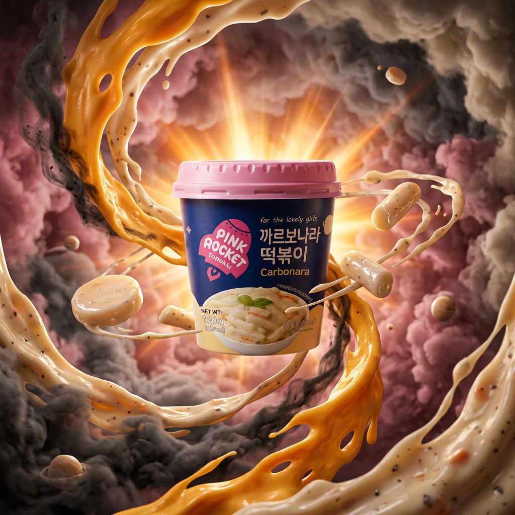 Youngpoong Pink Rocket Cup Topokki Carbonara, snack coréen en cup sauce crémeuse fromagée, disponible sur My American Shop