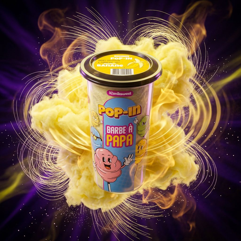 iConiksweet Pop In Cotton Candy Banana, barbe à papa américaine saveur banane en format nomade, disponible sur My American Shop