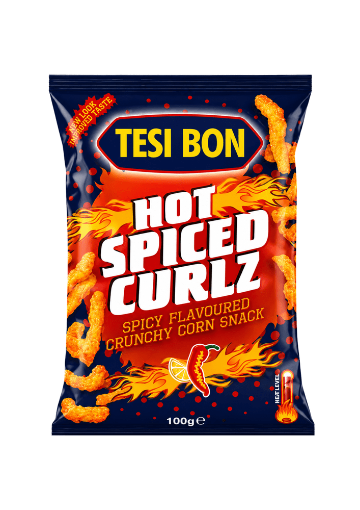 Tesi Bon Hot Spiced Curls, boucles snack pimentées cuites au four, packaging orange épicé