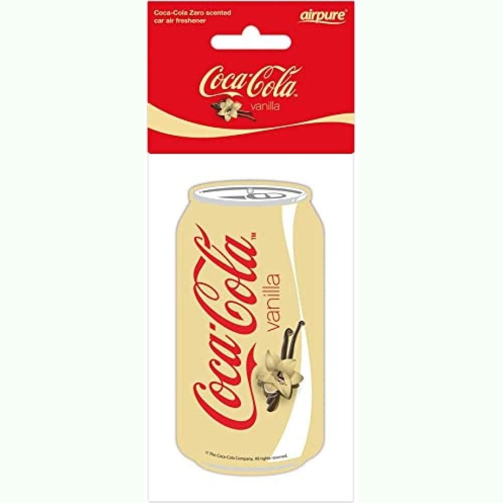 Un emballage avec un Coca Vanilla beige, sur fond blanc, avec des écriture rouge. Au-dessus de la zone blanche, il y a une étiquette rouge 