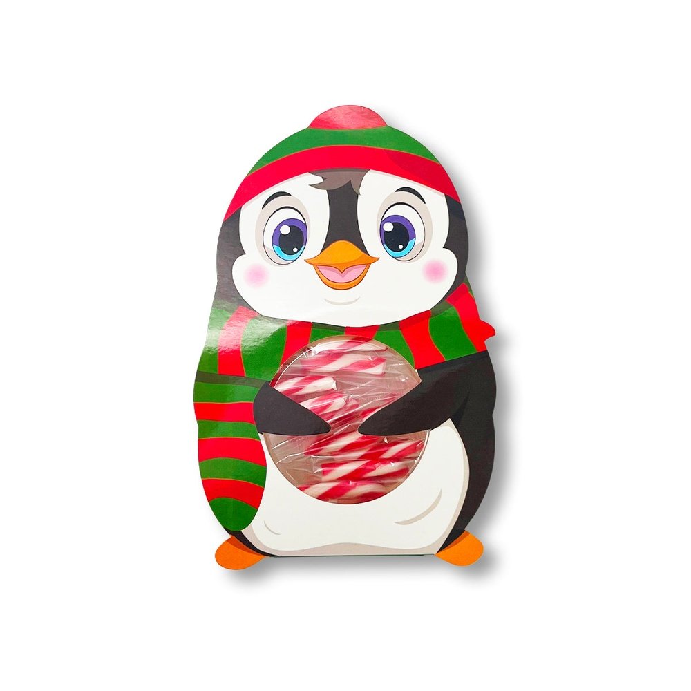 Un pingouin sur fond blanc en bonnet et écharpe à stries rouges et vertes, avec un ventre transparent qui dévoile les cannes à sucre rouges et blanches