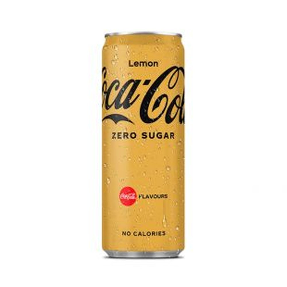 Une canette jaune sur fond blanc avec écrit en noir Lemon Coco-Cola Zero Sugar