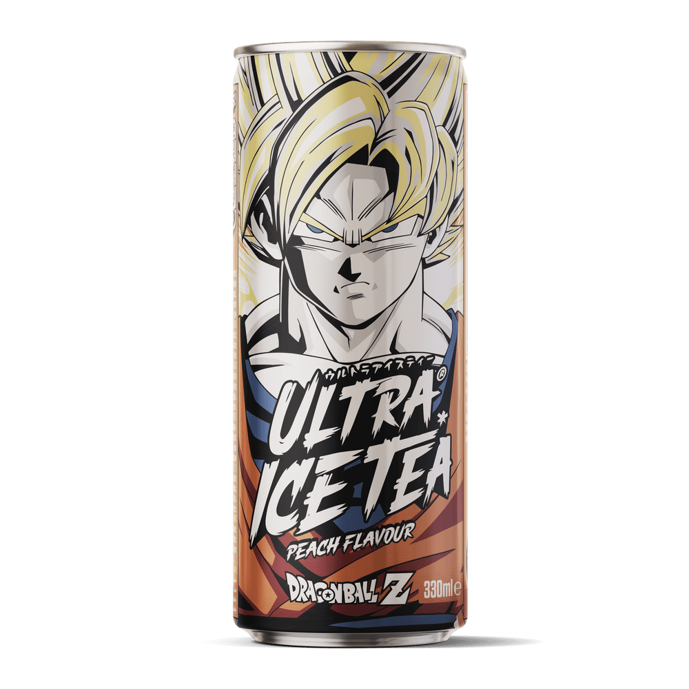 Une longue canette grise sur fond blanc avec un personnage de Dragon Ball Z