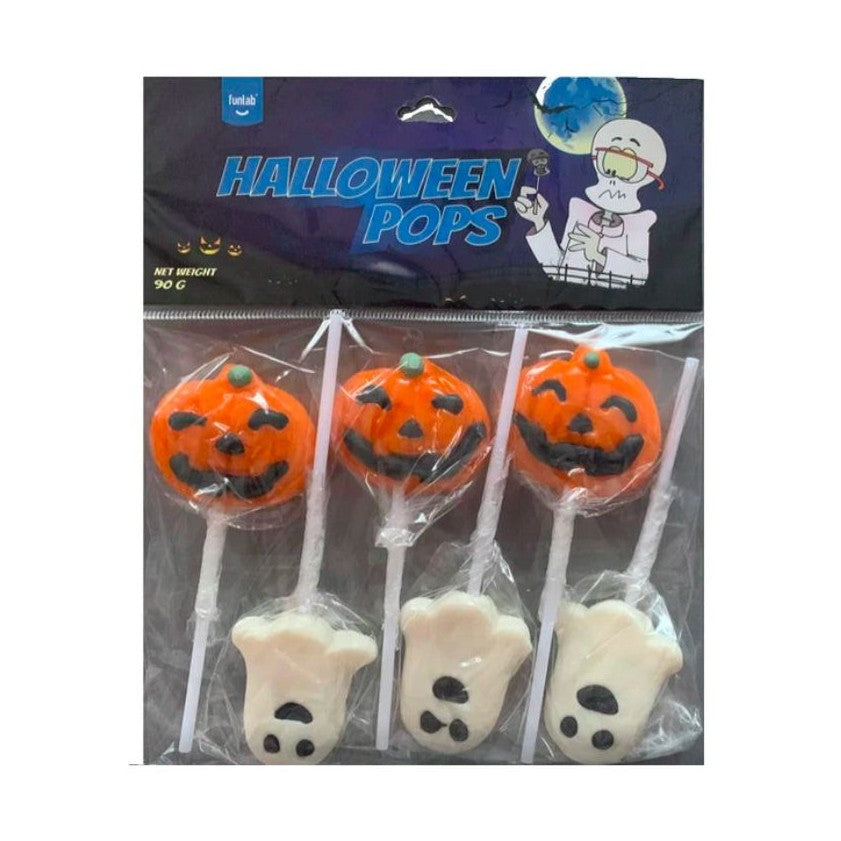 Un emballage transparent avec des sucettes en citrouille orange et en fantôme blanc, le tout sur fond blanc