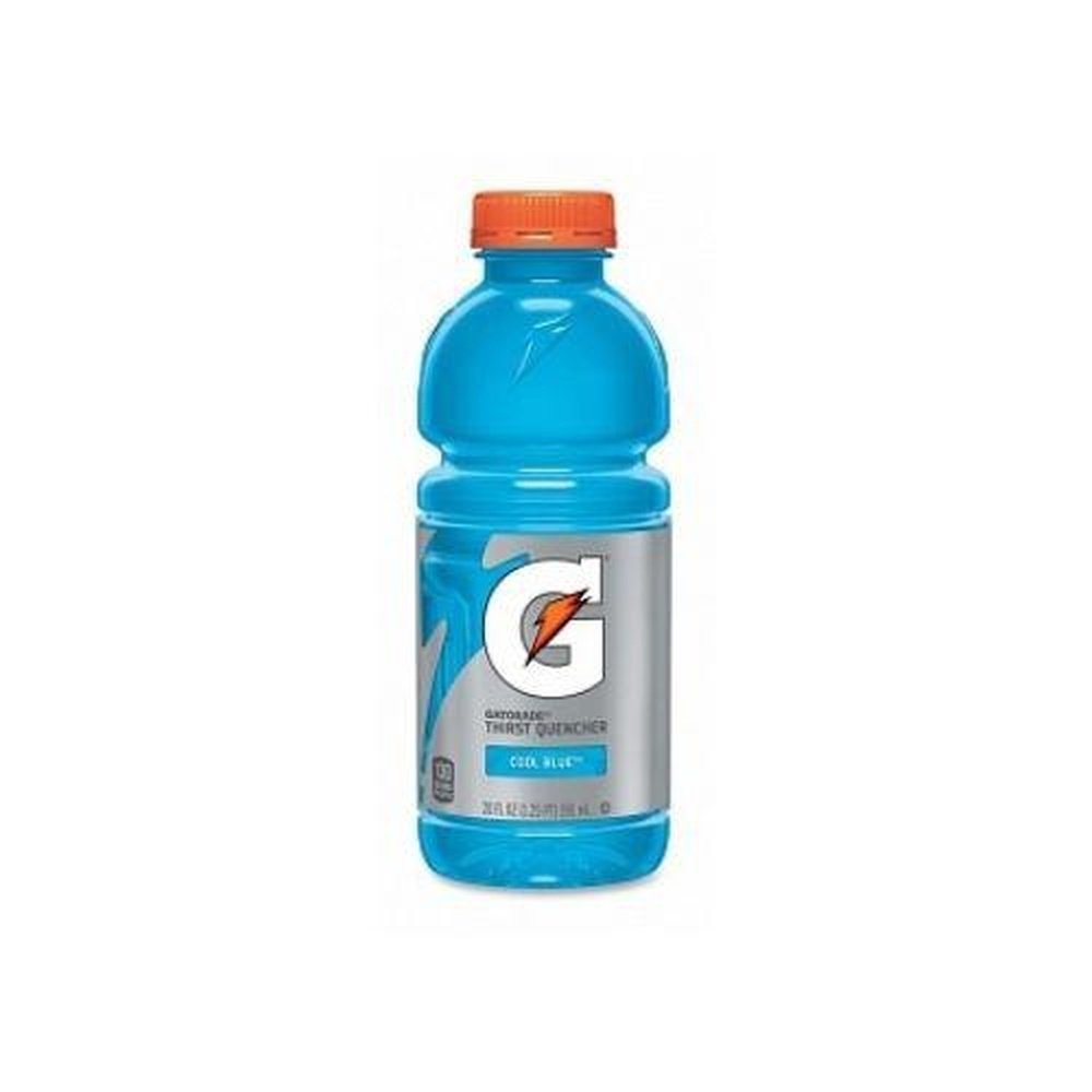 Une bouteille transparente remplie d’une boisson bleue avec un capuchon orange et une étiquette grise avec le logo Gatorade blanc et orange, le tout sur fond blanc
