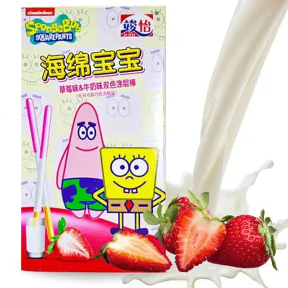 Un emballage blanc et rouge avec les personnages Bob l’Eponge jaune et Patrick l’étoile de mer rose et autour une crème vanille et des fraises devant. Le tout sur fond blanc
