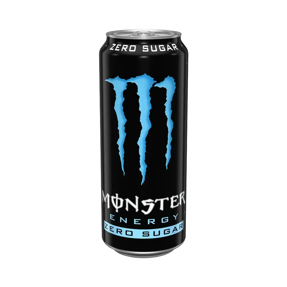 Une canette noire avec au centre le logo bleu de Monster, un grand M. Le tout sur fond blanc