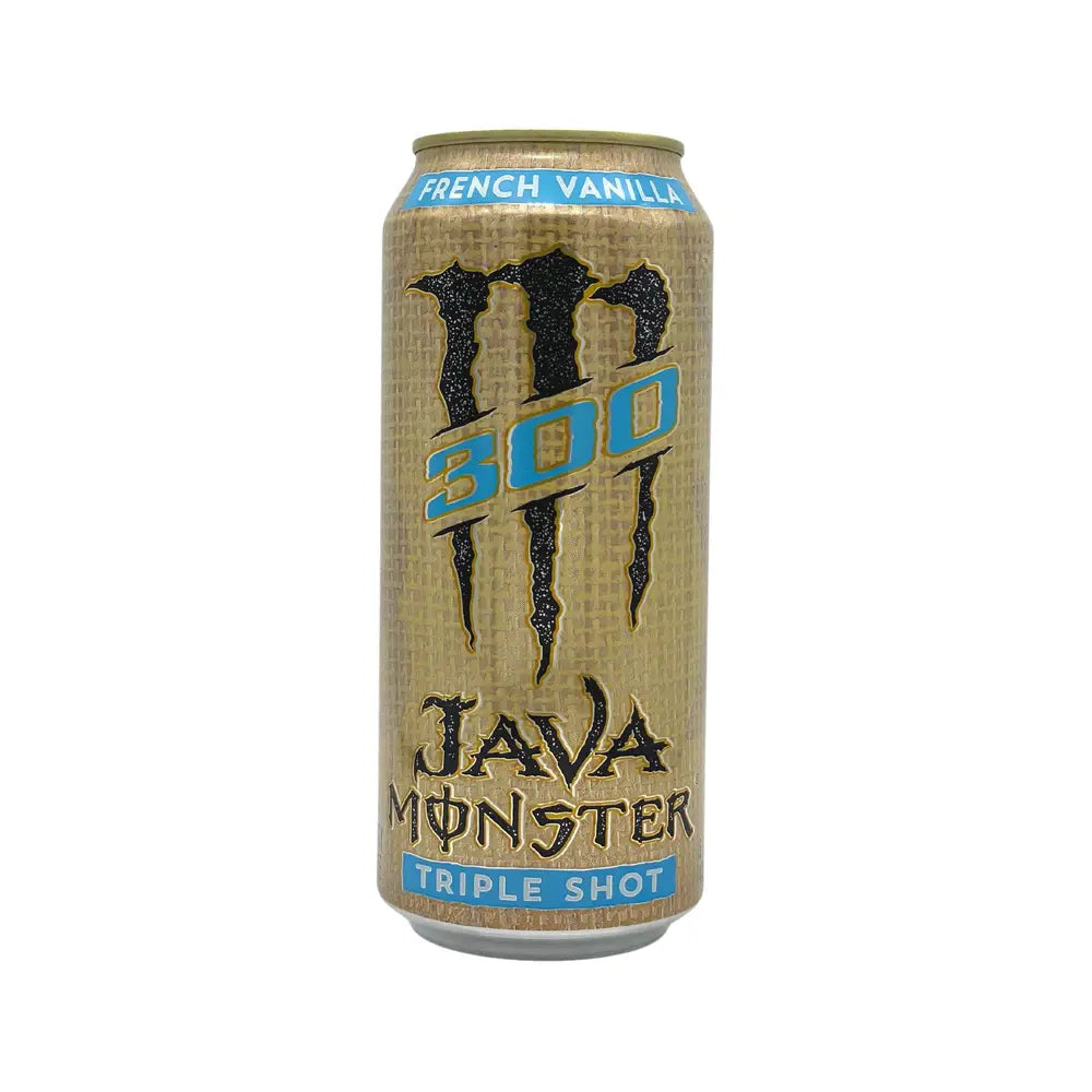 Une grande canette brune avec au centre le logo noir de Monster, un grand M et 300 en bleu. Le tout sur fond blanc