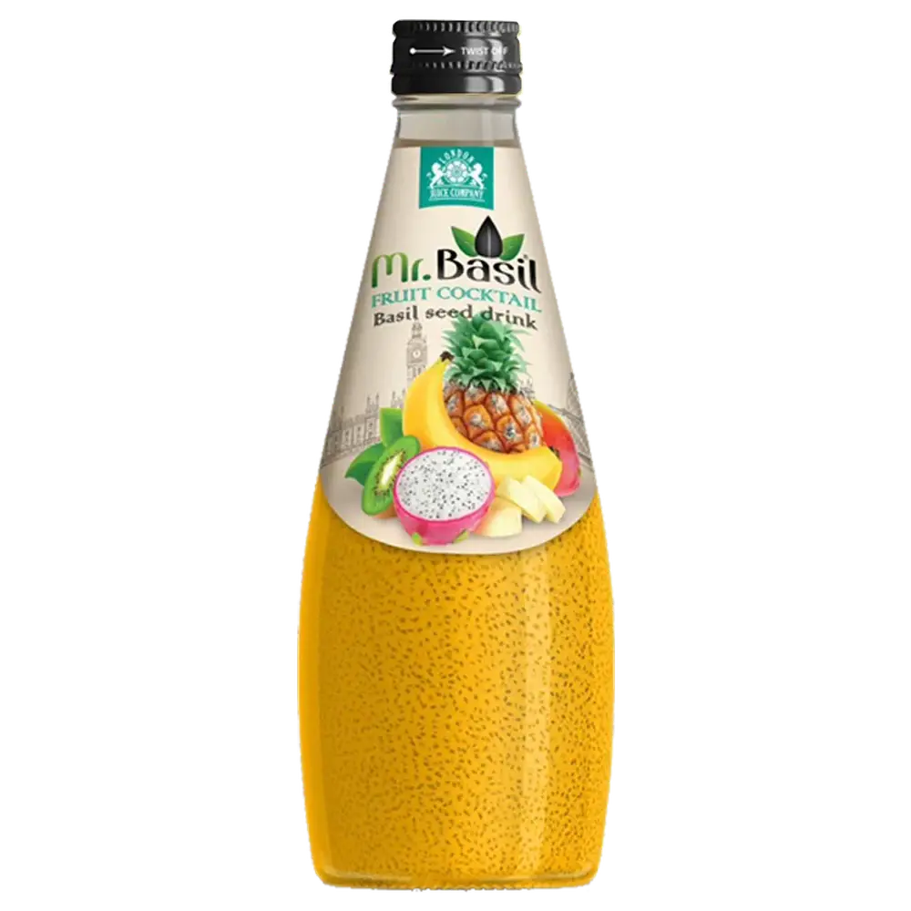 Une bouteille en verre sur fond blanc avec une boisson jaune à perles et une étiquette beige au-dessus avec des bananes, ananas, kiwi, etc.