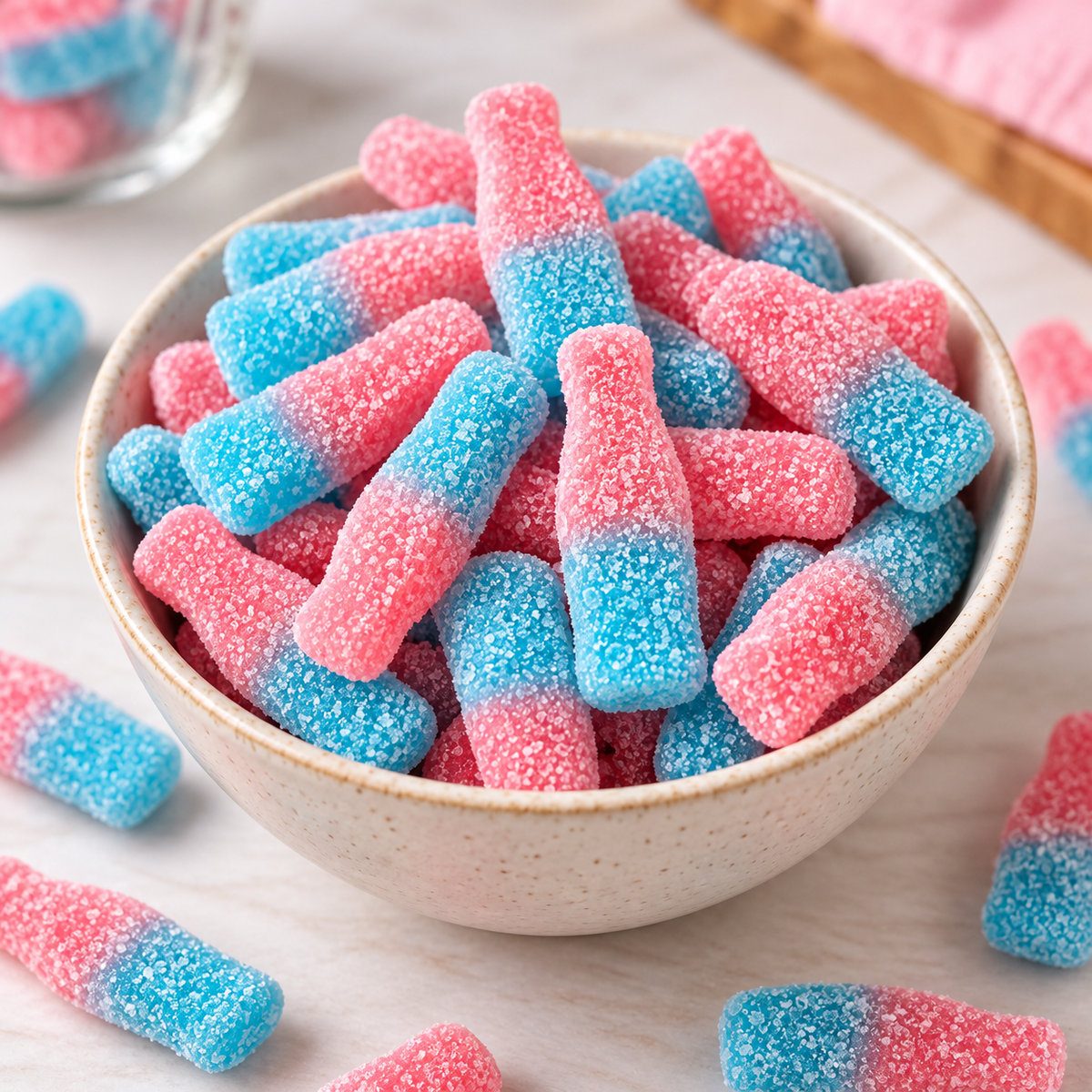 Bonbons Frisia Bubblegum Bottles roses et bleus, en forme de bouteilles, recouverts de sucre acidulé et présentés dans un bol.