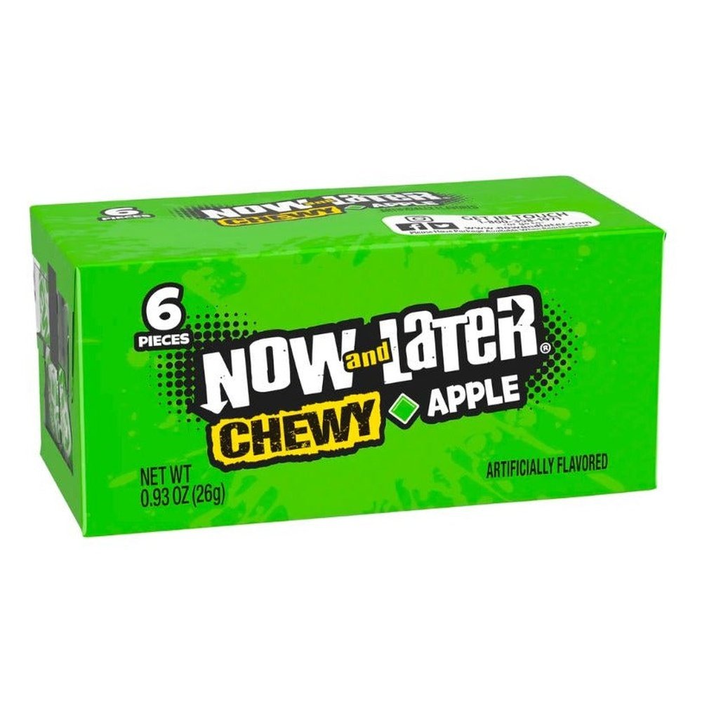 Un carton vert avec au centre le logo « Now and later » en noir et blanc, le tout sur fond blanc