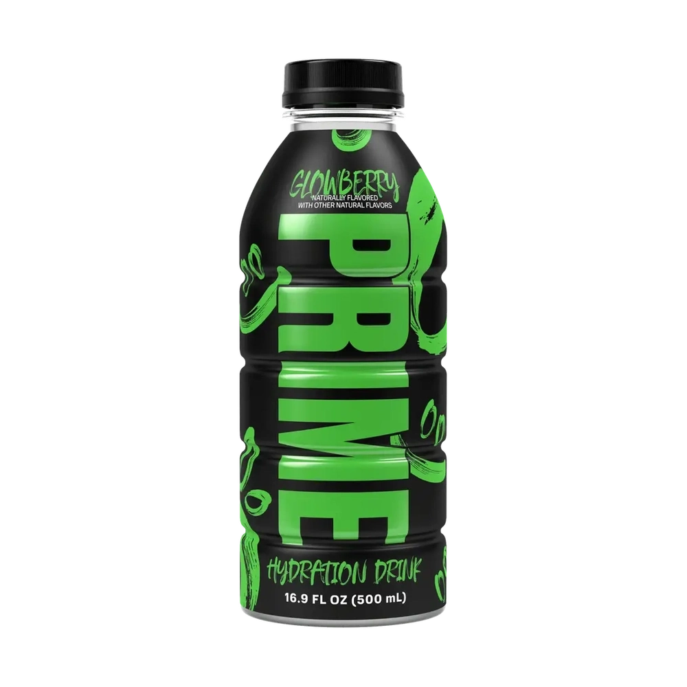 Une bouteille noir avec un capuchon noir, au centre il est écrit verticalement « Prime » en vert. Le tout sur fond blanc