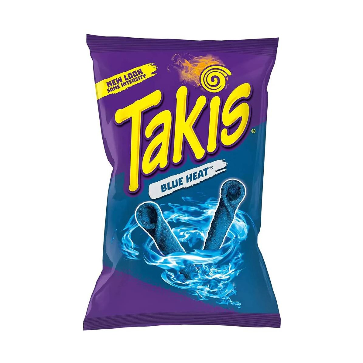 Un paquet mauve et bleu sur fond blanc avec au centre 2 Takis bleu et autour il y a un tourbillon de flammes bleues