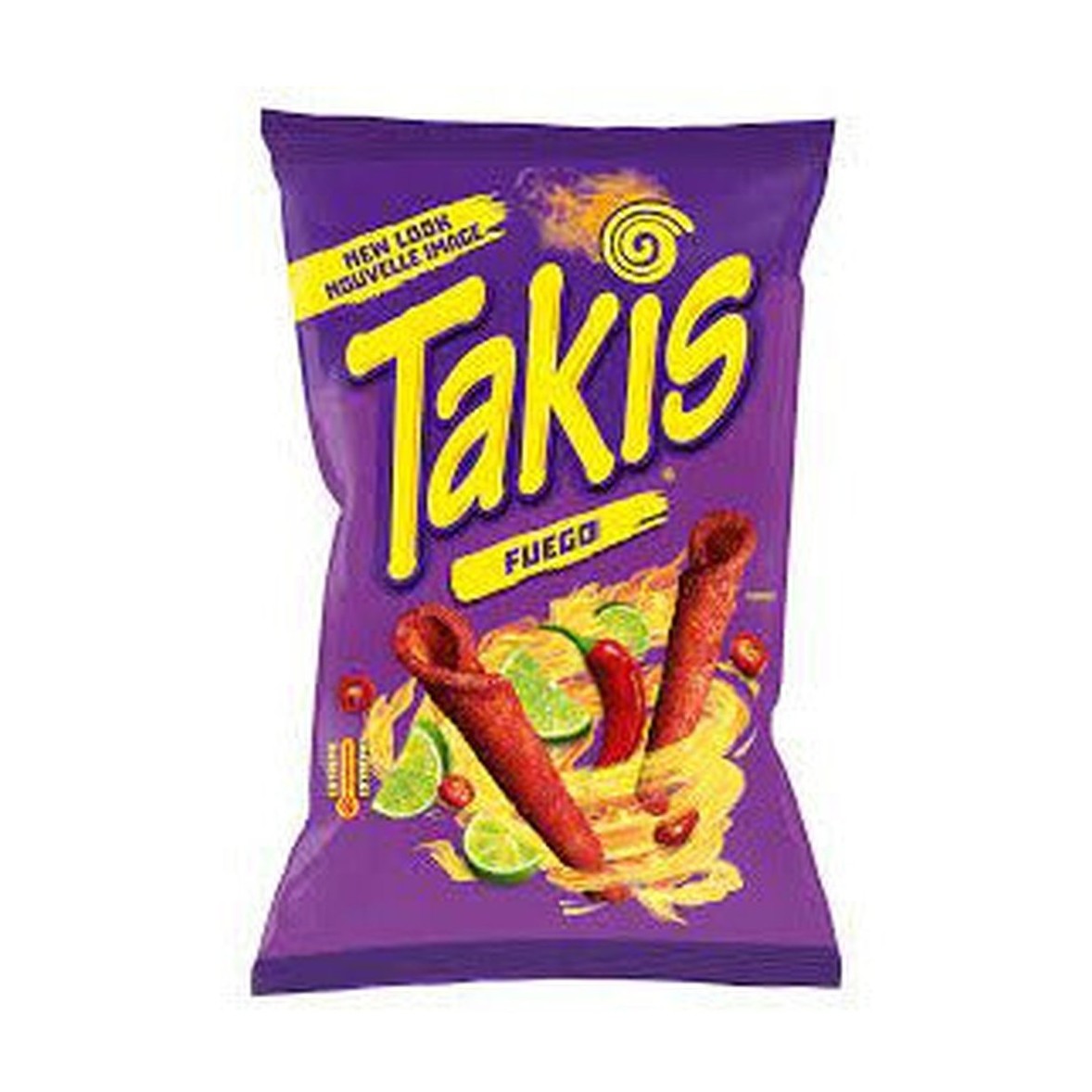 Un paquet mauve sur fond blanc avec au centre 2 Takis très rouges et autour il y a un tourbillon de feu, de petits morceaux de piments rouges et de tranches de citrons verts