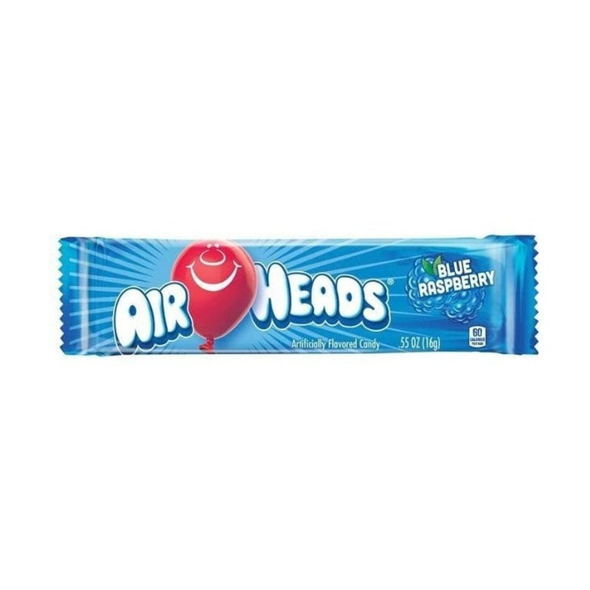 Un paquet individuel bleu sur fond blanc avec un ballon rouge qui sourit. Sur le côté droit, il y a 2 framboises bleues