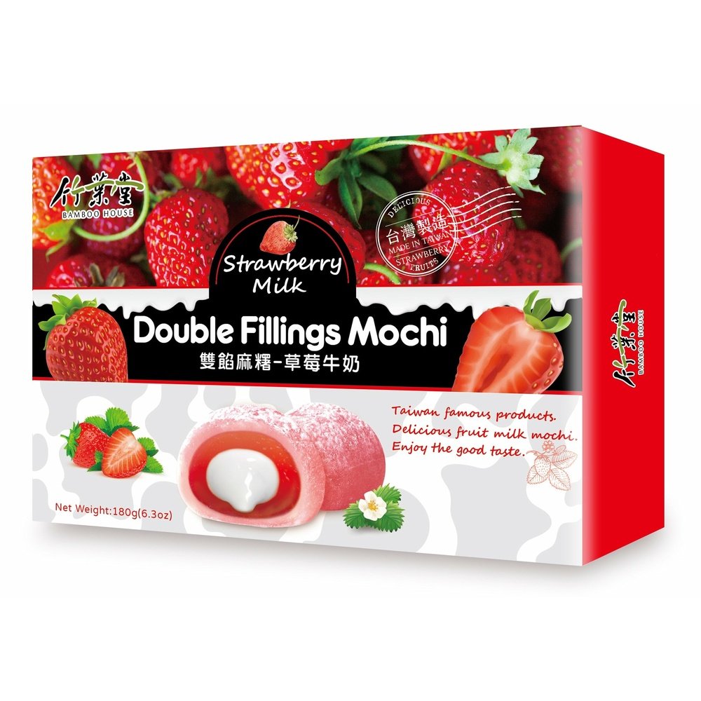 Un carton rectangulaire rouge sur fond blanc avec au-dessus des fraises et en-dessous 2 mochis rouges dont un qui est coupé et on y voit une crème 