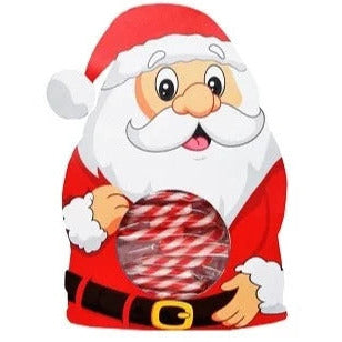 Un père Noël sur fond blanc avec un ventre transparent qui dévoile les cannes à sucre rouges et blanches