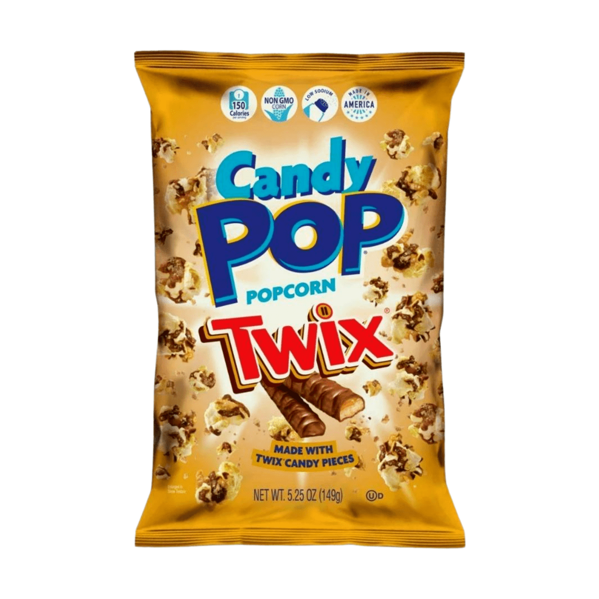 Un paquet brun et orange sur fond blanc avec plein de popcorn au chocolat et 2 barres chocolatées