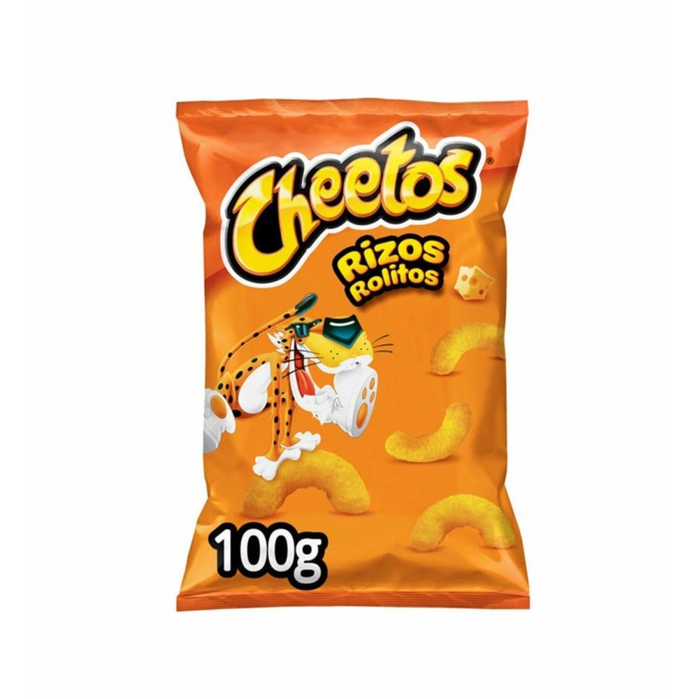 Un paquet orange sur fond blanc avec un tigre à lunettes de soleil sur un chips jaune