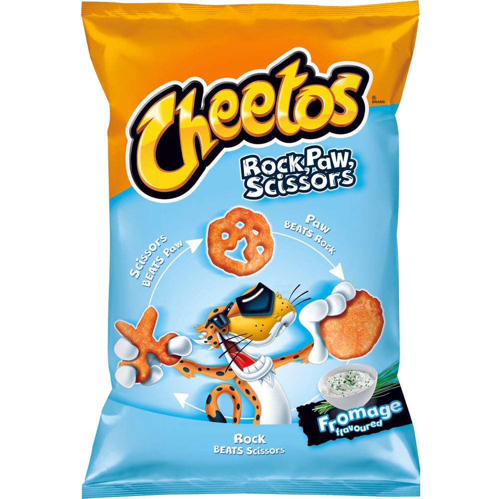 Un paquet orange et bleu sur fond blanc avec 3 types de chips qui sont tenus par un tigre à lunettes de soleil