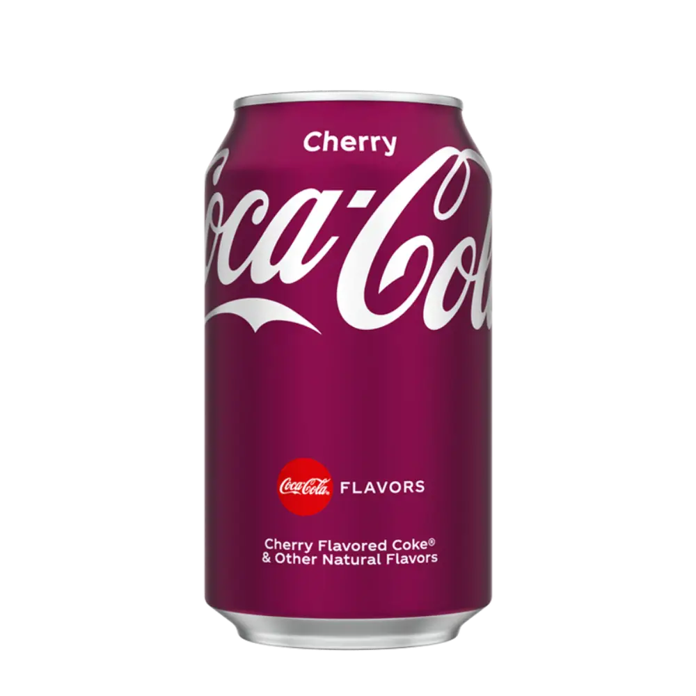 Une canette mauve sur fond blanc avec écrit en blanc Cherry Coco-Cola
