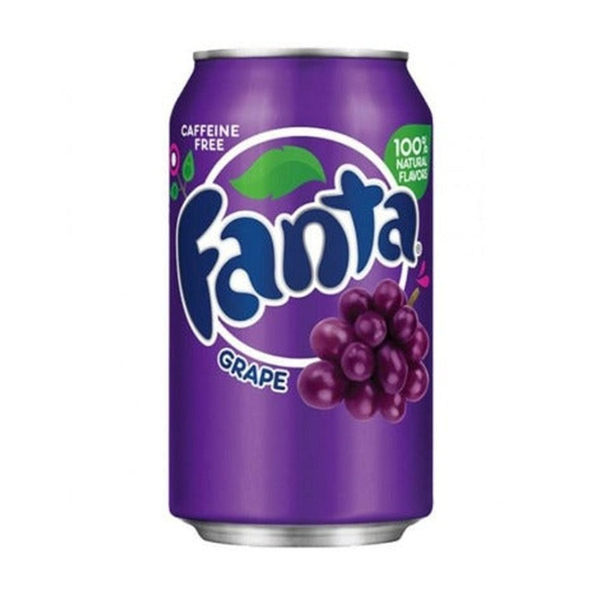 Une canette mauve sur fond blanc avec le logo Fanta et à droite une grappe de raisins de couleur bordeaux