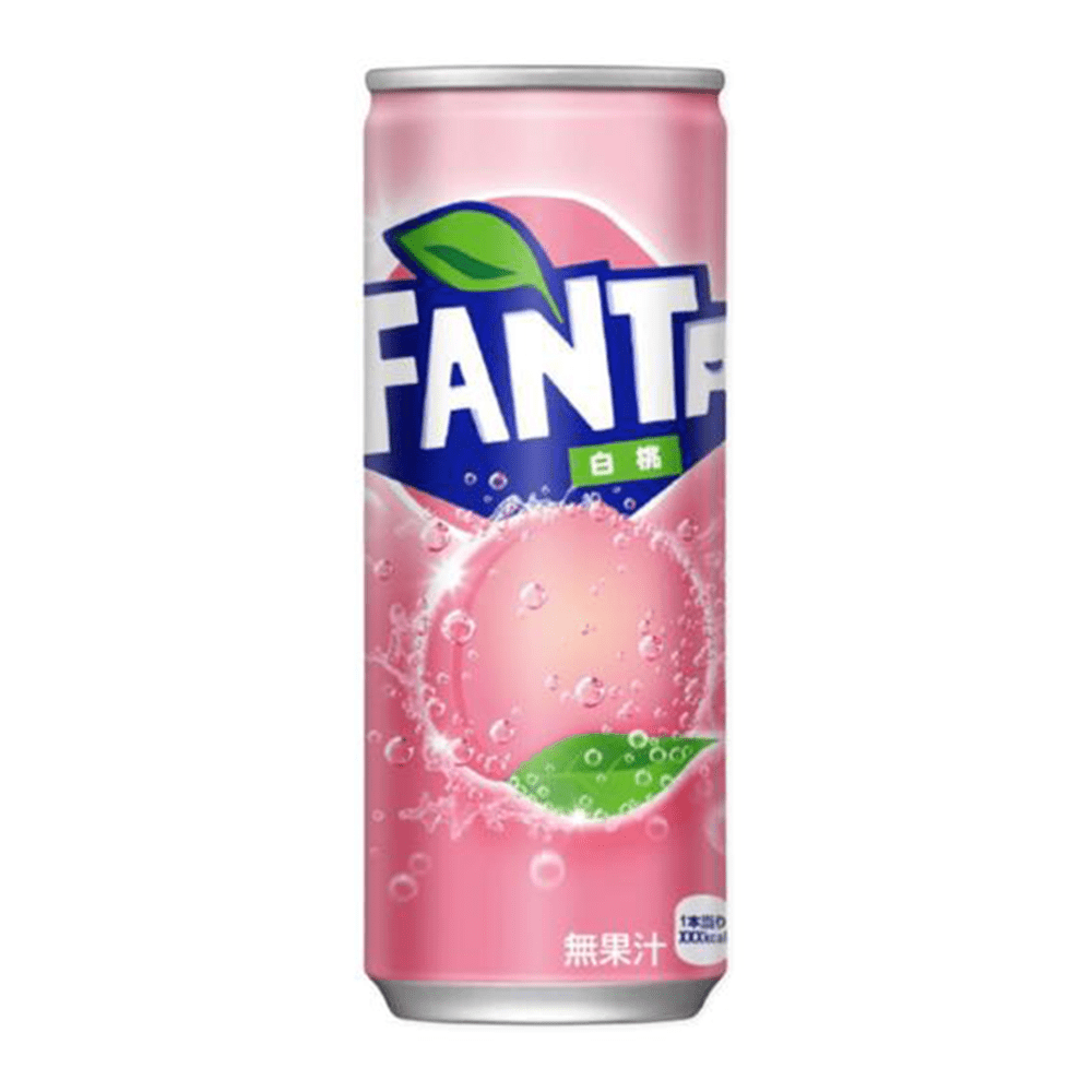 Une longue canette rose sur fond blanc avec le logo Fanta en haut et en bas une pêche rose entourée de bulles 