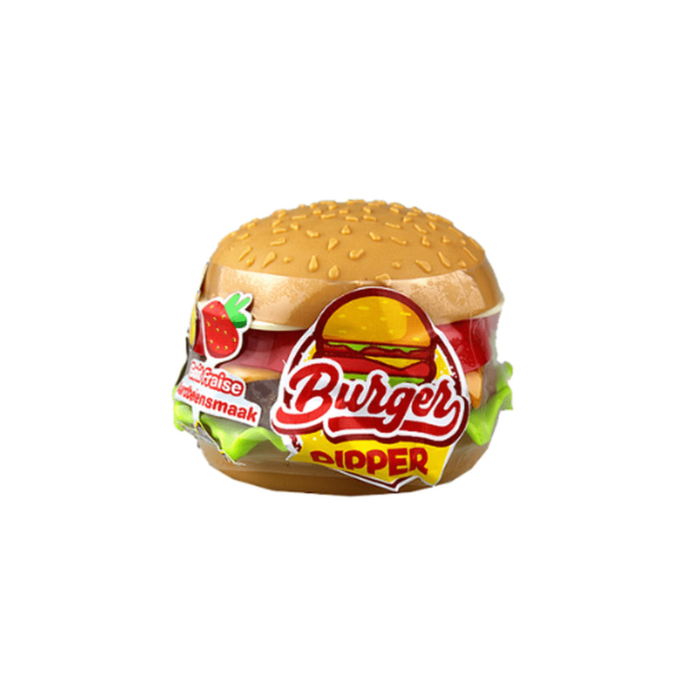 Un emballage coloré en forme d’hamburger sur fond blanc, il est entouré d’un plastic transparent avec écrit dessus Burger Dipper