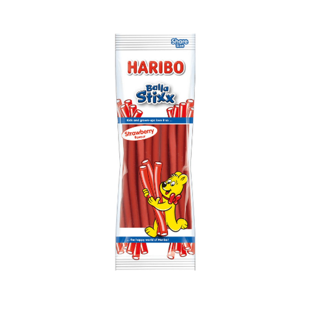 Un emballage blanc avec au centre une partie transparente qui montre des bonbons en forme de bâtonnets rouges et devant un petit ourson jaune qui en porte 3. Le tout sur fond blanc