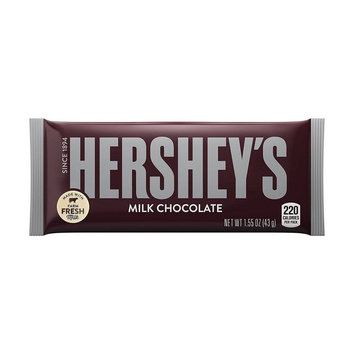 Un emballage marron foncé aux extrémités grises et au centre écrit en majuscule « Hershey’s », le tout sur fond blanc