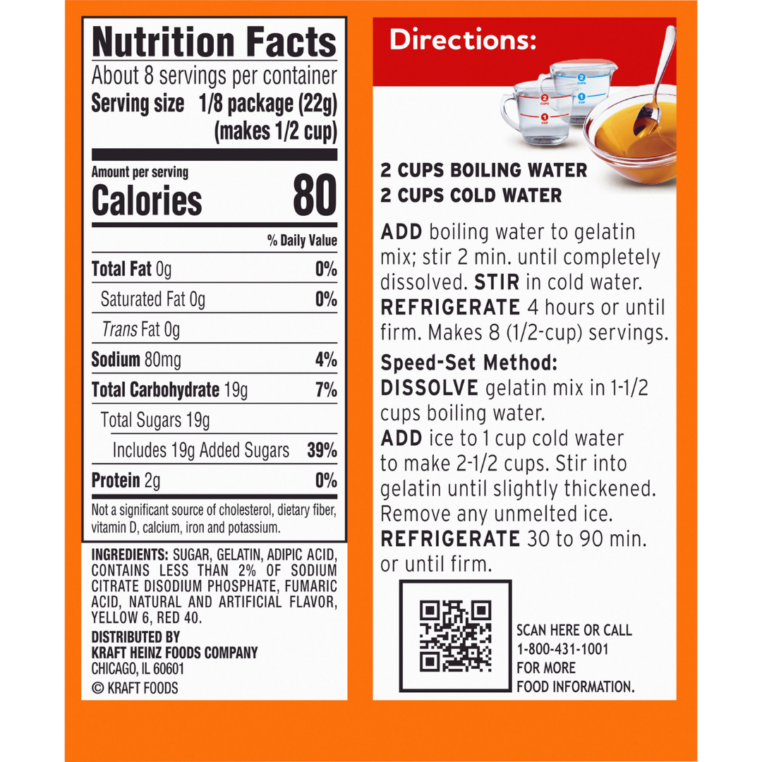 L’arrière du carton orange avec les instructions nutritives encadrés en blanc, sur fond blanc