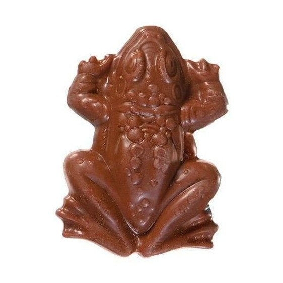 Une grenouille en chocolat sur fond blanc