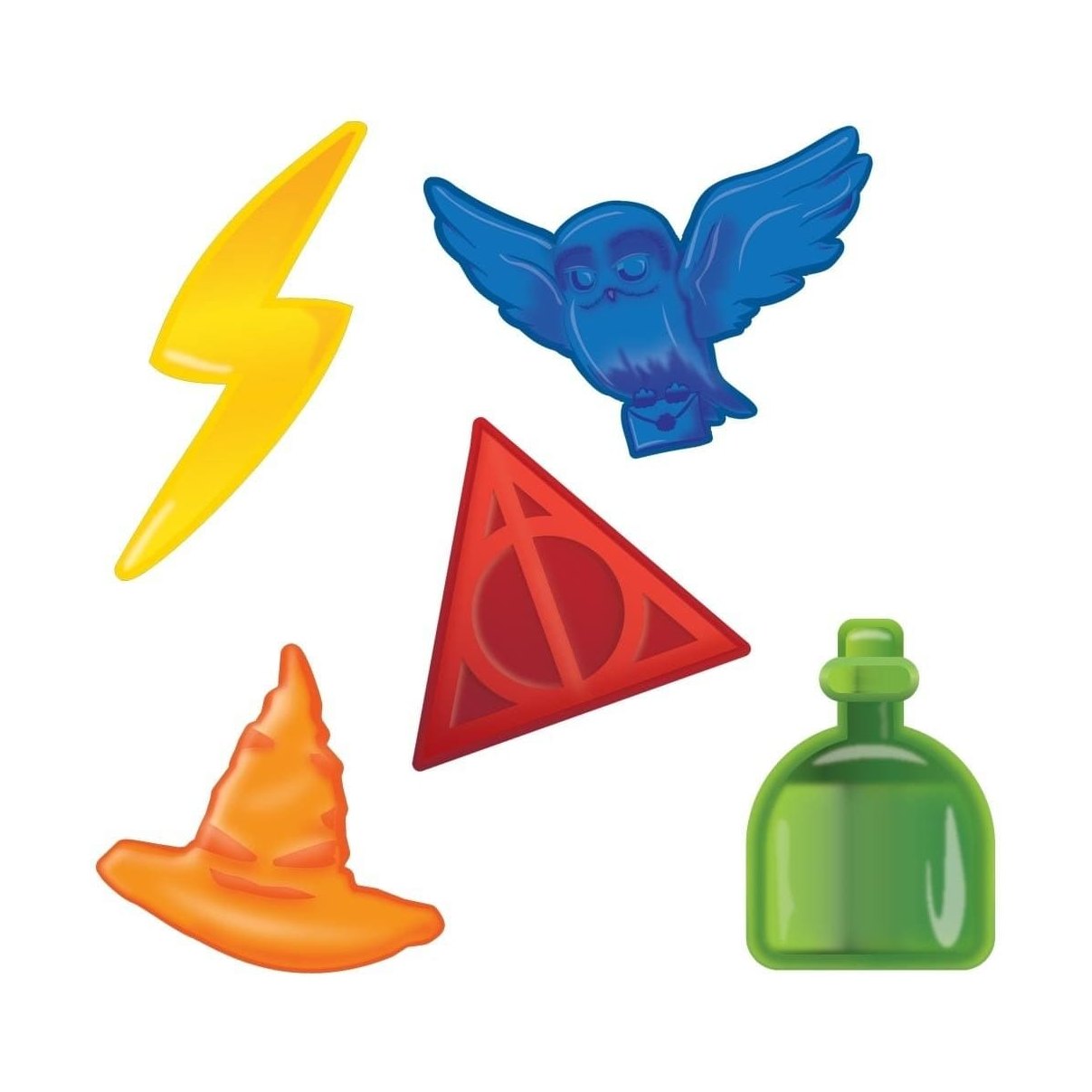 5 bonbons colorés sur fond blanc ; un éclair jaune, un hibou bleu, un choixpeau orange, une fiole verte et un triangle rouge
