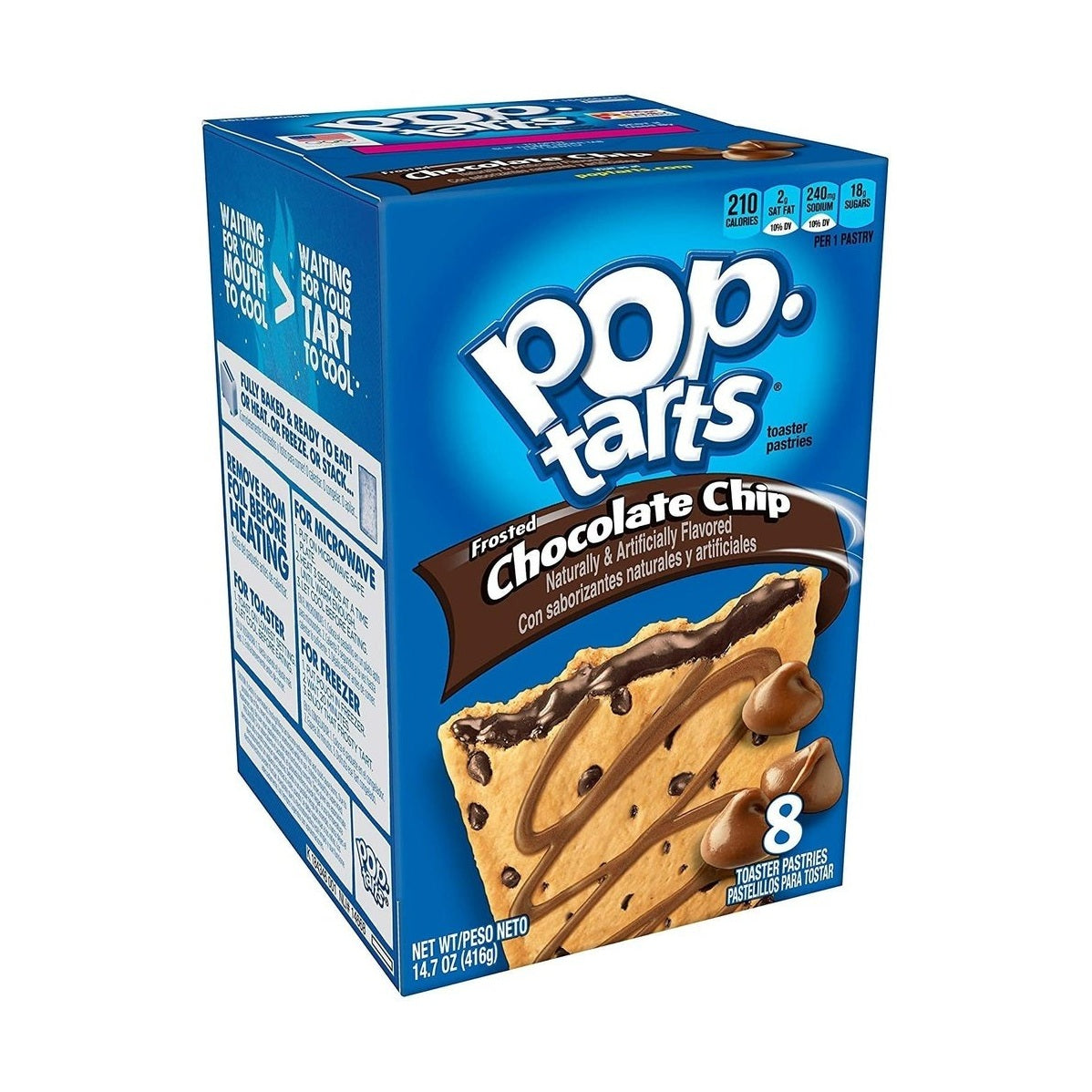 Un carton bleu sur fond blanc avec un grand biscuit avec des pépites de chocolat et fourré d’une crème couleur marron, en bas à droite 3 petites pépites de chocolat